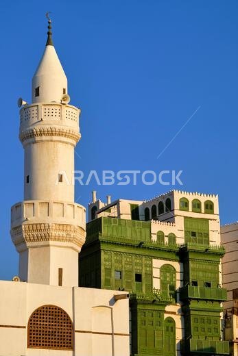 Saudi Arabia, Makkah Province, Jeddah, the historic old town of Al-Balad, a UNESCO World Heritage Site, AlDahab Square, Al Ma'amar Mosque and traditio