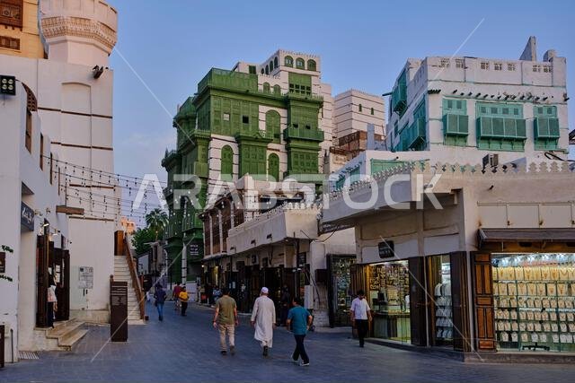 Saudi Arabia, Makkah Province, Jeddah, the historic old town of Al-Balad, a UNESCO World Heritage Site, AlDahab Square, Al Ma'amar Mosque and traditio Saudi Arabia, Makkah Province, Jeddah, the historic old town of Al-Balad, a UNESCO World Heritage Site, AlDahab Square, Al Ma'amar Mosque and traditio