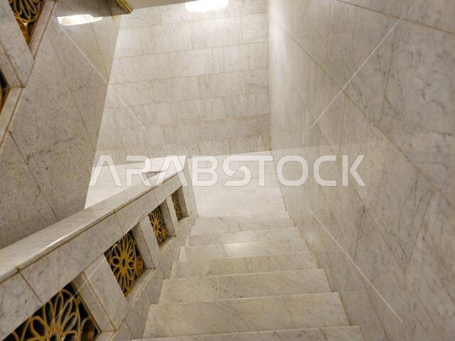 The Interior and the details of The Prophet's Mosque al-Masjid al-Nabawi, the second mosque built by the Islamic prophet Muhammad in Medina, after the