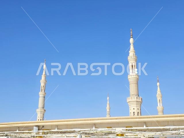 The exterior and the domes of The Prophet's Mosque or Al Masjid Al Nabawi, a major site of pilgrimage that falls under the purview of the Custodian of