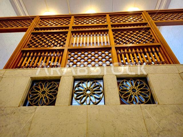 The Interior and the details of The Prophet's Mosque al-Masjid al-Nabawi, the second mosque built by the Islamic prophet Muhammad in Medina, after the