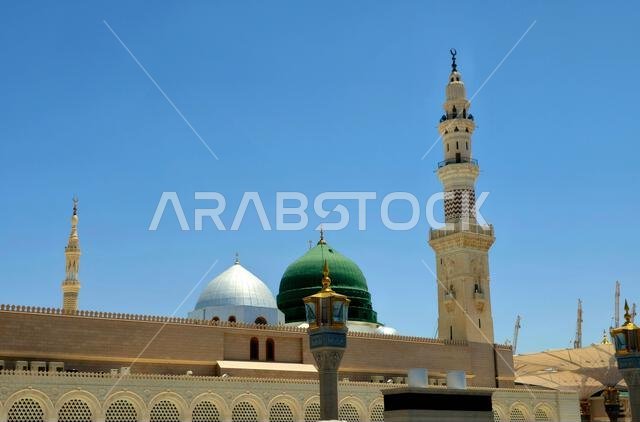Exterior and the outer view of The Prophet's Mohamed Mosque or Al Masjid Al Nabawi, a major site of pilgrimage that falls under the purview of the Cus