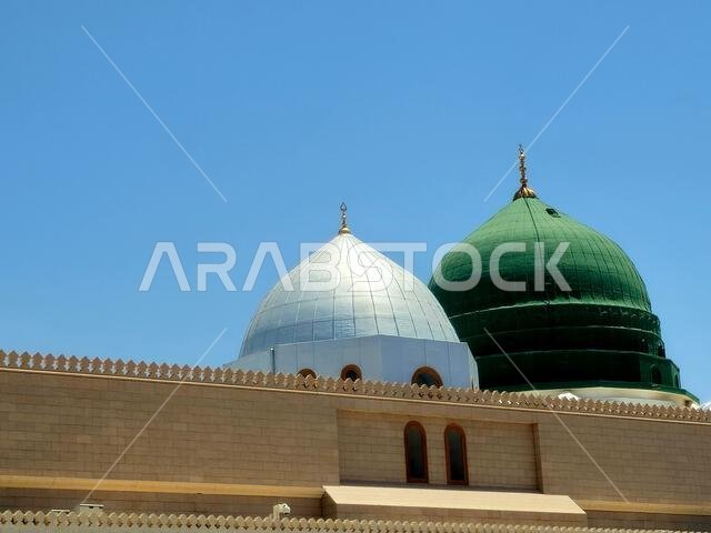Exterior and the outer view of The Prophet's Mohamed Mosque or Al Masjid Al Nabawi, a major site of pilgrimage that falls under the purview of the Cus