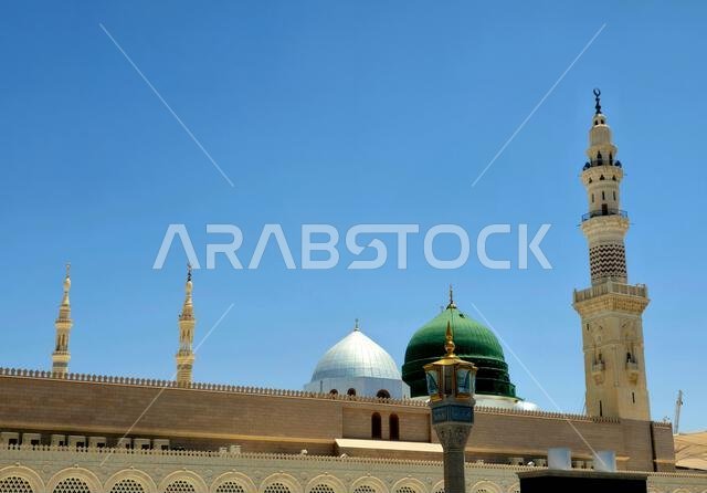 Exterior and the outer view of The Prophet's Mohamed Mosque or Al Masjid Al Nabawi, a major site of pilgrimage that falls under the purview of the Cus