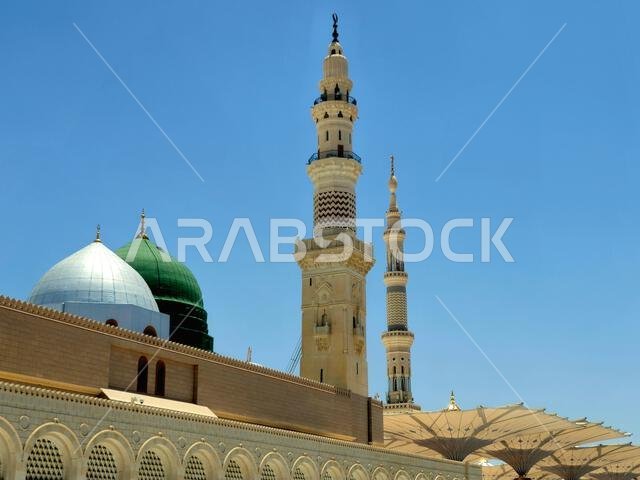 The exterior and the outer view of The Prophet's Mohamed Mosque or Al Masjid Al Nabawi, a major site of pilgrimage that falls under the purview of the