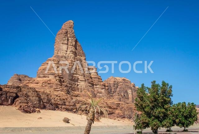منظر لجبل صخري على شكل إبهام في العلا بالمملكة العربية السعودية في يوم مشمس.