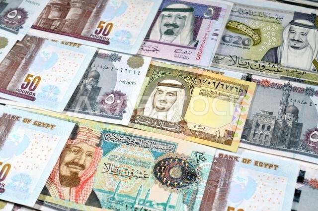 ريالات سعودية (SAR) نقداً، وكومة من النقود المصرية من فئة مئات الجنيهات، بما في ذلك أوراق نقدية من فئة 50 جنيهاً مصرياً (LE).