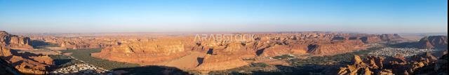 Harrat Viewpoint at Sunset, AlUla, Saudi Arabia. Breathtaking panorama over the rugged sandstone formations and desert landscape of this stunning regi
