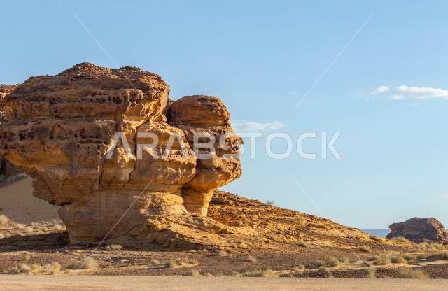 View of famous face rock at Saudi Arabia Alula in a sunny day.