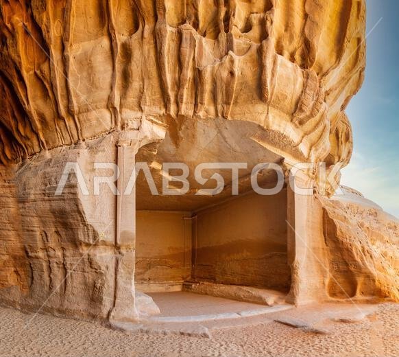 Jabal Ithlib, Al Diwan, ancient carved sandstone rock formation in desert in Hegra, evidence to rich cultural heritage UNESCO of AlUla, Saudi Arabia
