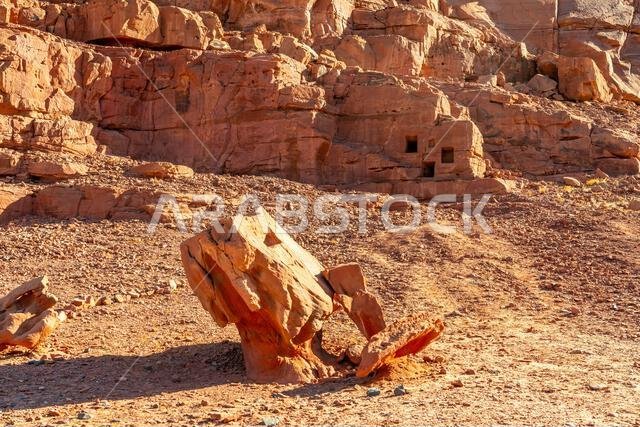 The amazing ancient ruins of tombs carved in the rock in Dadan archaeological site, heritage of historical lost civilization, in AlUla, Saudi Arabia The amazing ancient ruins of tombs carved in the rock in Dadan archaeological site, heritage of historical lost civilization, in AlUla, Saudi Arabia