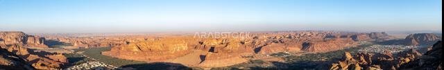 Harrat Viewpoint at Sunset, AlUla, Saudi Arabia. Breathtaking panorama over the rugged sandstone formations and desert landscape of this stunning regi Harrat Viewpoint at Sunset, AlUla, Saudi Arabia. Breathtaking panorama over the rugged sandstone formations and desert landscape of this stunning regi