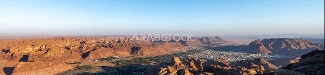Harrat Viewpoint at Sunset, AlUla, Saudi Arabia. Breathtaking panorama over the rugged sandstone formations and desert landscape of this stunning regi Harrat Viewpoint at Sunset, AlUla, Saudi Arabia. Breathtaking panorama over the rugged sandstone formations and desert landscape of this stunning regi