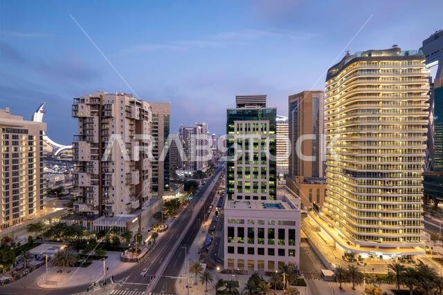 The newly developed Lusail city with winter wonderland and crescent tower in the background.