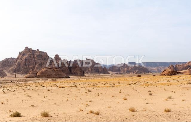 The panoramic Ashar Valley showcases the amazing sandstone rock formations of region of AlUla, a breathtaking desert landscape in Saudi Arabia