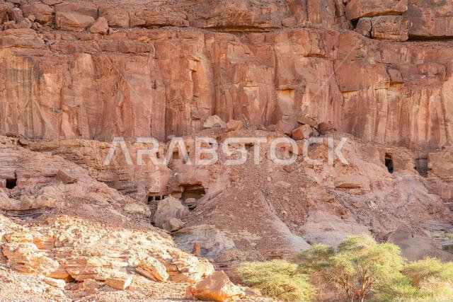 The amazing ancient ruins of tombs carved in the rock in Dadan archaeological site,  heritage of historical lost civilization, in AlUla, Saudi Arabia