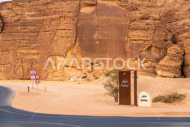The panoramic Ashar Valley showcases the amazing sandstone rock formations of region of AlUla, a breathtaking desert landscape in Saudi Arabia
