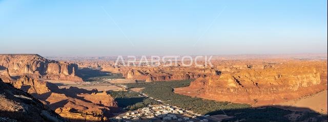 Harrat Viewpoint at Sunset, AlUla, Saudi Arabia. Breathtaking panorama over the rugged sandstone formations and desert landscape of this stunning regi