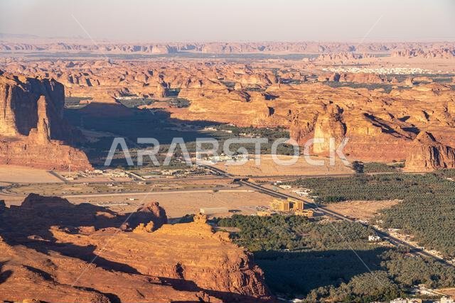 Harrat Viewpoint at Sunset, AlUla, Saudi Arabia. Breathtaking panorama over the rugged sandstone formations and desert landscape of this stunning regi