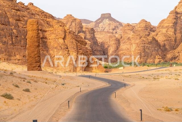 The panoramic Ashar Valley showcases the amazing sandstone rock formations of region of AlUla, a breathtaking desert landscape in Saudi Arabia