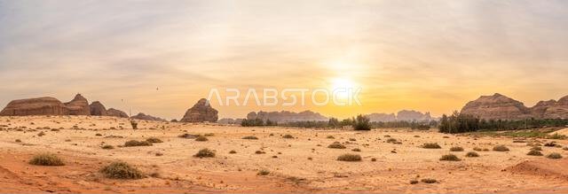 Drive on the beautiful scenic road between Riyadh and AlUla, through a landscape of sand desert, rock formations and mountains, in Saudi Arabia