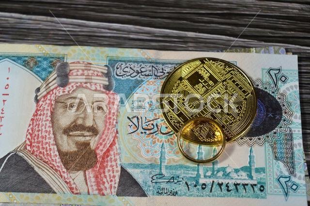 Saudi Arabian money banknotes bills of SAR riyals and Bitcoin physical golden coin, BTC the 1st decentralized cryptocurrency and a gold ring pure yell