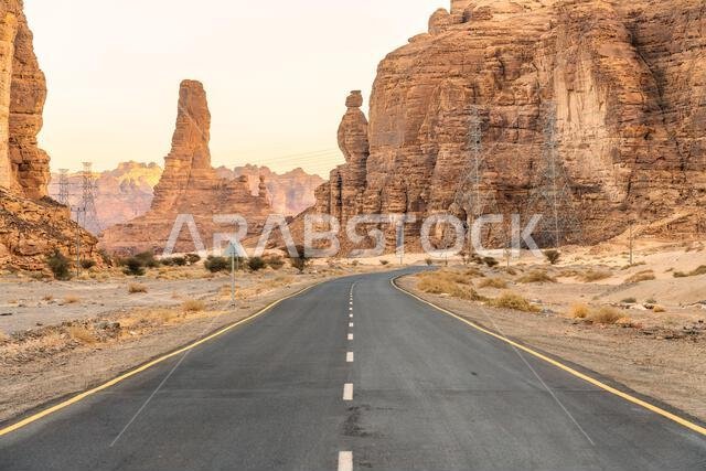 Scenic road to Harrat Viewpoint. A captivating journey towards  stunning sunset panorama of AlUla, Saudi Arabia.