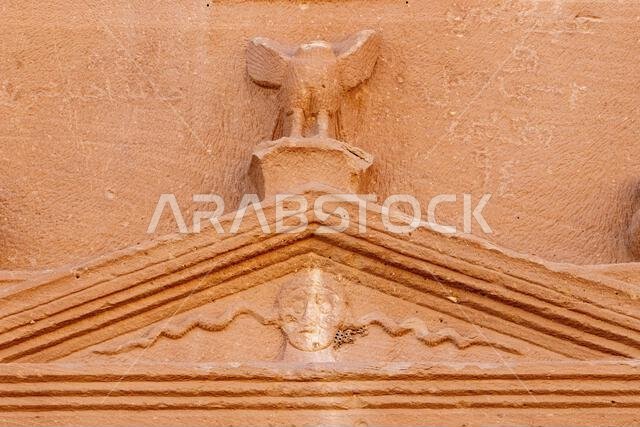 Jabal AlBanat, a sandstone mountain with the ancient ruins of the tombs of Qasr Al-Bint in Hegra, AlUla, archaeological wonders in Saudi Arabia Jabal AlBanat, a sandstone mountain with the ancient ruins of the tombs of Qasr Al-Bint in Hegra, AlUla, archaeological wonders in Saudi Arabia