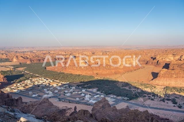 Harrat Viewpoint at Sunset, AlUla, Saudi Arabia. Breathtaking panorama over the rugged sandstone formations and desert landscape of this stunning regi