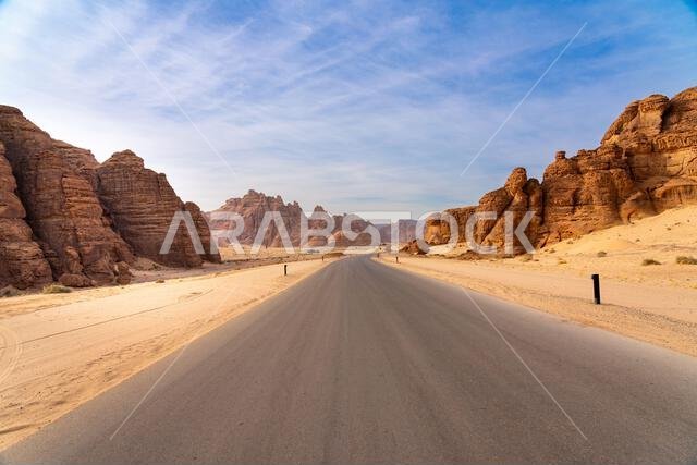 The panoramic Ashar Valley showcases the amazing sandstone rock formations of region of AlUla, a breathtaking desert landscape in Saudi Arabia