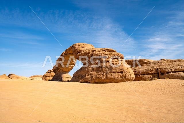 تُحيط المناظر الطبيعية الصحراوية البانورامية قرب العلا بقوس قوس قزح المذهل، وهو تكوين صخري رملي رائع، يُعدّ من عجائب التكوينات الجيولوجية في المملكة العربية السعودية. تُحيط المناظر الطبيعية الصحراوية البانورامية قرب العلا بقوس قوس قزح المذهل، وهو تكوين صخري رملي رائع، يُعدّ من عجائب التكوينات الجيولوجية في المملكة العربية السعودية.