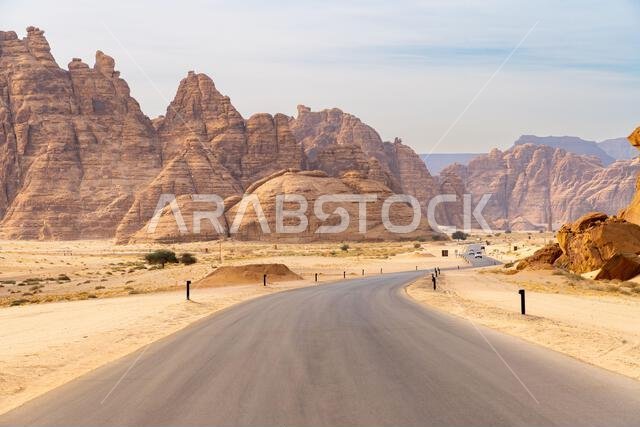 The panoramic Ashar Valley showcases the amazing sandstone rock formations of region of AlUla, a breathtaking desert landscape in Saudi Arabia