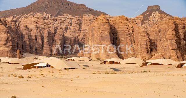 Sandstone formations of Ashar Valley provide a breathtaking backdrop for the luxurious resorts within amazing desert landscape of AlUla, Saudi Arabia Sandstone formations of Ashar Valley provide a breathtaking backdrop for the luxurious resorts within amazing desert landscape of AlUla, Saudi Arabia