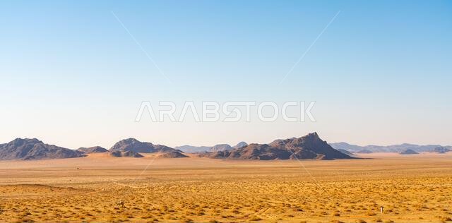 Drive on the beautiful scenic road between Riyadh and AlUla, through a landscape of sand desert, rock formations and mountains, in Saudi Arabia