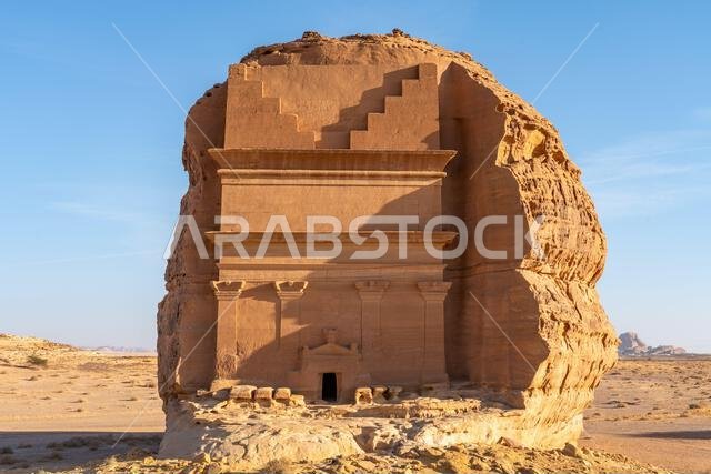 The Tomb of the Lion of Kuza at sunset, Nabataean carved sandstone monument in the ancient city of Hegra, archaeological wonder in AlUla, Saudi Arabia