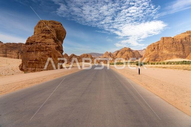 The panoramic Ashar Valley showcases the amazing sandstone rock formations of region of AlUla, a breathtaking desert landscape in Saudi Arabia