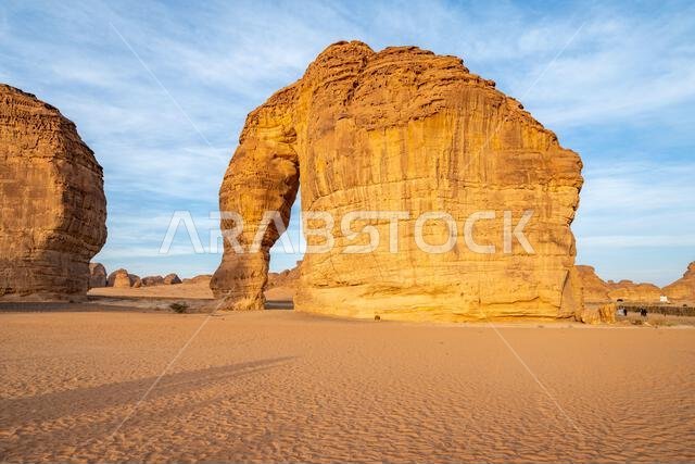 The panoramic desert landscape of AlUla at sunset, frames the Elephant Rock, amazing sandstone rock formation, wonder geological of the Saudi Arabia The panoramic desert landscape of AlUla at sunset, frames the Elephant Rock, amazing sandstone rock formation, wonder geological of the Saudi Arabia