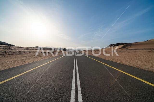The scenic desert route from AlUla to Medina at sunrise, breathtaking panorama of Saudi Arabia with amazing sandstone rock formations
