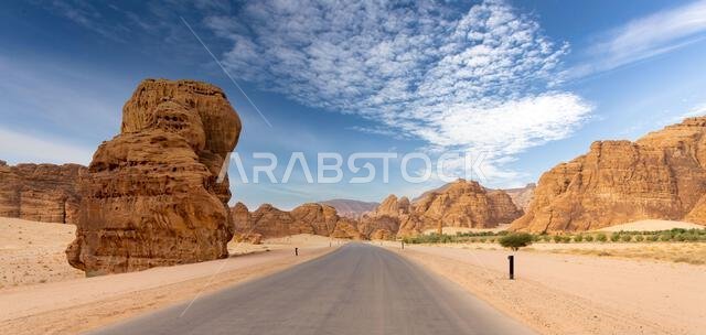 يُبرز وادي آشر البانورامي التكوينات الصخرية الرملية المذهلة لمنطقة العلا، وهي منطقة صحراوية خلابة في المملكة العربية السعودية.
