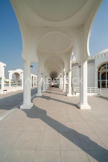 The floating mosque on the Corniche in Jeddah, Saudi Arabia, known as Masjid Al Rahmah or the Mosque of Mercy, appears to hover above the Red Sea