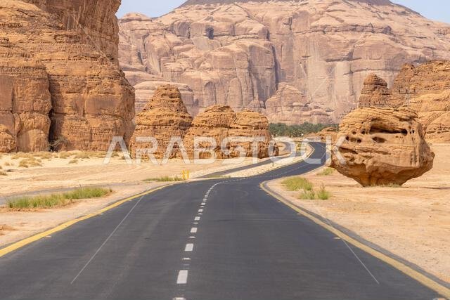 يُبرز وادي آشر البانورامي التكوينات الصخرية الرملية المذهلة لمنطقة العلا، وهي منطقة صحراوية خلابة في المملكة العربية السعودية.