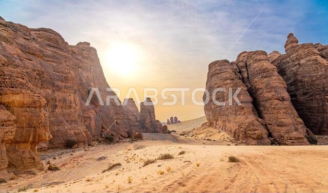 The panoramic Ashar Valley showcases the amazing sandstone rock formations of region of AlUla, a breathtaking desert landscape in Saudi Arabia