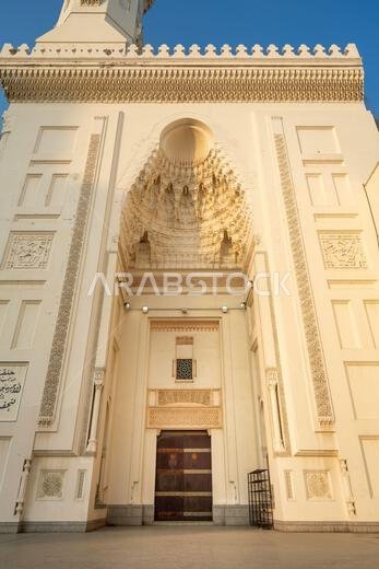 The grand Masjid Malik Saud, or King Saud Mosque, in Jeddah, Saudi Arabia, an impressive example of modern Islamic architecture, its towering minarets