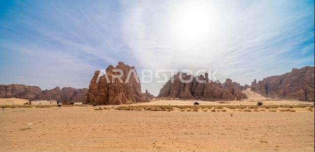 Sandstone formations of Ashar Valley provide a breathtaking backdrop for the luxurious resorts within amazing desert landscape of AlUla, Saudi Arabia