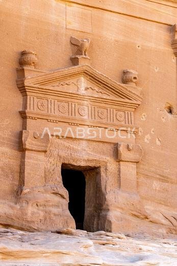 Jabal AlBanat, a sandstone mountain with the ancient ruins of the tombs of Qasr Al-Bint in Hegra, AlUla, archaeological wonders in Saudi Arabia Jabal AlBanat, a sandstone mountain with the ancient ruins of the tombs of Qasr Al-Bint in Hegra, AlUla, archaeological wonders in Saudi Arabia