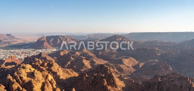 Harrat Viewpoint at Sunset, AlUla, Saudi Arabia. Breathtaking panorama over the rugged sandstone formations and desert landscape of this stunning regi