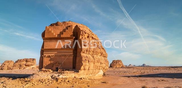 The Tomb of the Lion of Kuza at sunset, Nabataean carved sandstone monument in the ancient city of Hegra, archaeological wonder in AlUla, Saudi Arabia The Tomb of the Lion of Kuza at sunset, Nabataean carved sandstone monument in the ancient city of Hegra, archaeological wonder in AlUla, Saudi Arabia
