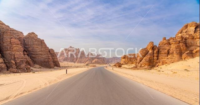 The panoramic Ashar Valley showcases the amazing sandstone rock formations of region of AlUla, a breathtaking desert landscape in Saudi Arabia