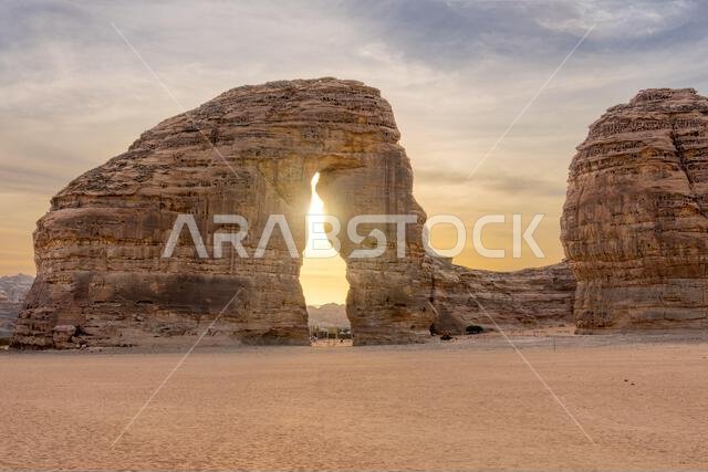 The panoramic desert landscape of AlUla at sunset, frames the Elephant Rock, amazing sandstone rock formation, wonder geological of the Saudi Arabia