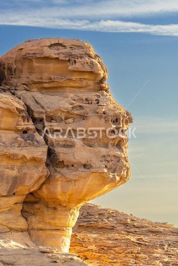 Face Rock at sunset, natural wonder near the carved sandstone rock of Jabal AlAhmar, the ancient tombs of Hegra in desert of AlUla, Saudi Arabia